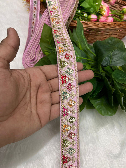 Sabyasachi-Inspired Embroidered Designer Lace Border – 9 Meter Roll, 1 Inch Wide for Ethnic & Creative Projects | Baby Pink