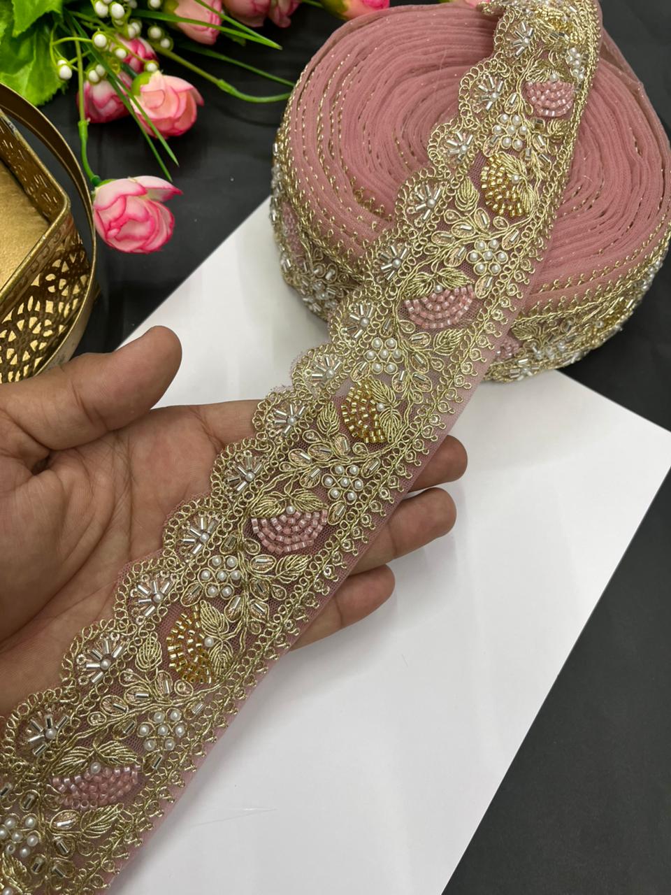 Designer Beaded Net Based Maggam Work Lace for Sarees – Premium 2 Inch Hand-Embellished Border for Lehengas & Bridal Wear (9 Meter) | Baby Pink