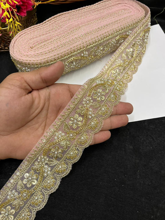 Designer Maggam Work Saree Border on Net Fabric – Handcrafted Embroidered Lace for Sarees, Blouses & Lehengas (2 Inch) | Baby Pink