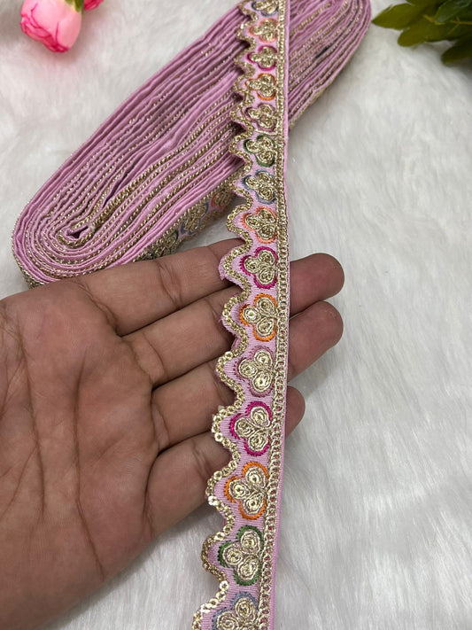 Sabyasachi-Inspired Multicoloured Designer Embroidered Trims – 9 Meter Roll, 1 Inch Wide for Crafting & Fashion | Baby Pink