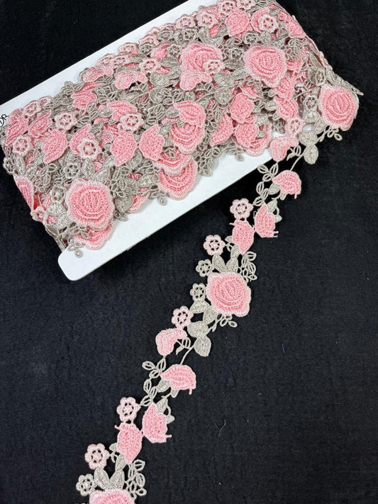 Beautiful Flower Western Lace Trim for Dresses, Sarees & Kurtis – Designer Imported Floral Lace Border (1.5 Inch) | Baby Pink