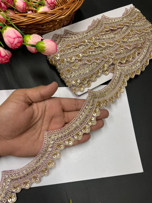 Scalloped Maggam Work Saree Lace Borders on Net Fabric – Designer Embroidered Trim for Sarees & Lehengas (9 Meter, 2 Inch Width) | Baby Pink