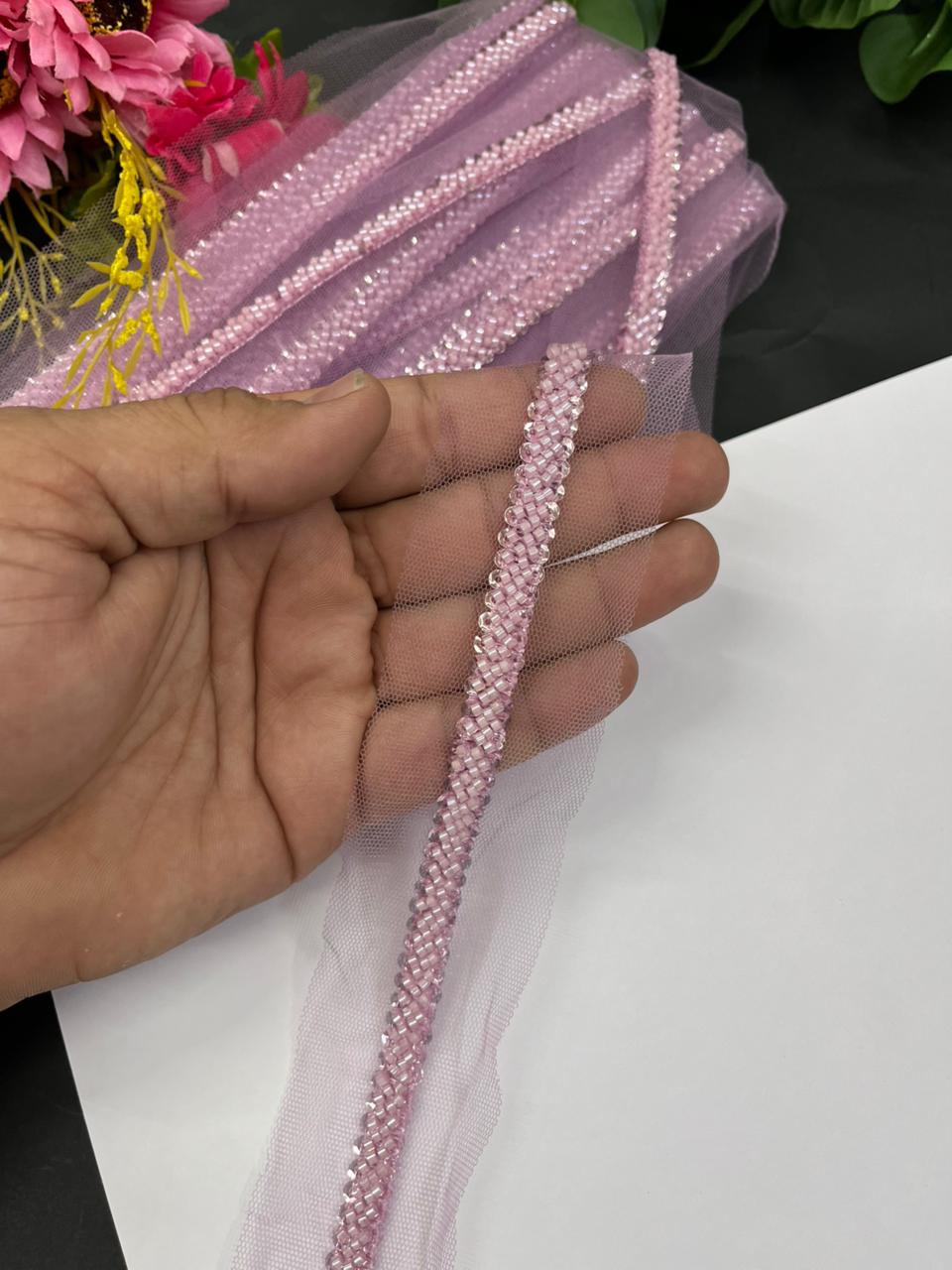 Imported Beaded Lace Trims – Premium Half-Inch Designer Lace for Sarees, Dupattas, Lehengas & Couture Wear (9 Meter) | Baby Pink