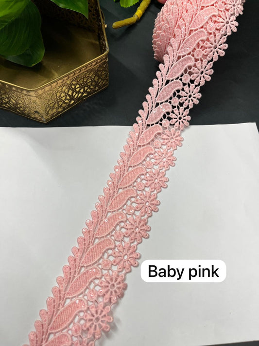 Imported Cotton Lace Border for Sarees & Dresses – 2 Inch Designer Western Lace (9 Meter Roll) | Baby Pink