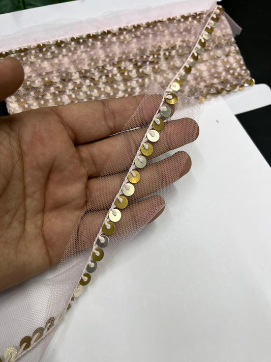 Sabyasachi-Inspired Metal Coin Lace for Dupattas & Sarees – Premium Handmade Ethnic Lace Border | Baby Pink