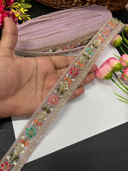 Beautiful Multicoloured Cutdana Beaded Saree Lace & Dupatta Lace – Premium Maggam Work Border Trim (9 Meter, 1.5 Inch Width) | Baby Pink