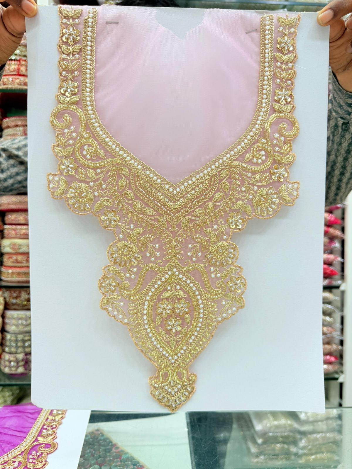 Beautiful Neck Patch for Dresses & Kurtis – Elegant Designer Embellished Neck Applique | Baby Pink