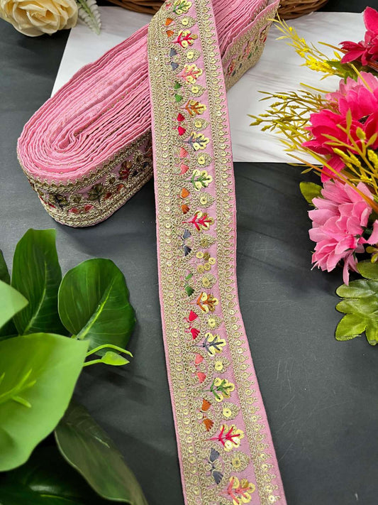 Sabyasachi Inspired Embroidered Saree Laces Border – Designer Lace Trim for Sarees, Lehengas & Dupattas (9 Meter) | Baby Pink