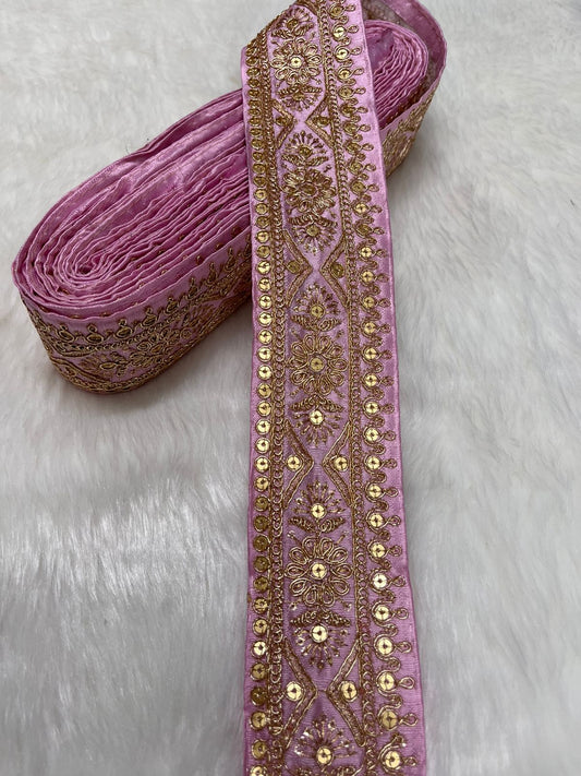 Embroidered Zari Lace – Indian Wedding Trims, Saree Border, 2 Inch Wide Lace Reel (9 Mtr) | Baby Pink