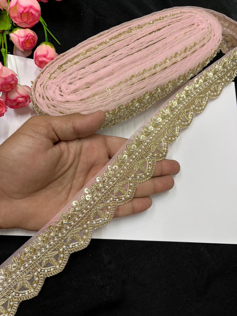 Bridal Saree Lace Border – Designer Maggam Work Lace for Sarees, Blouses & Lehengas (1.75 Inch) | Baby Pink