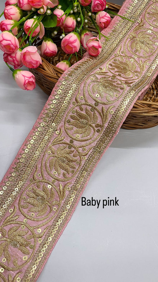 Embroidered Designer Lace Trim for Lehengas – 9 Meters, 4-Inch Width | Baby Pink