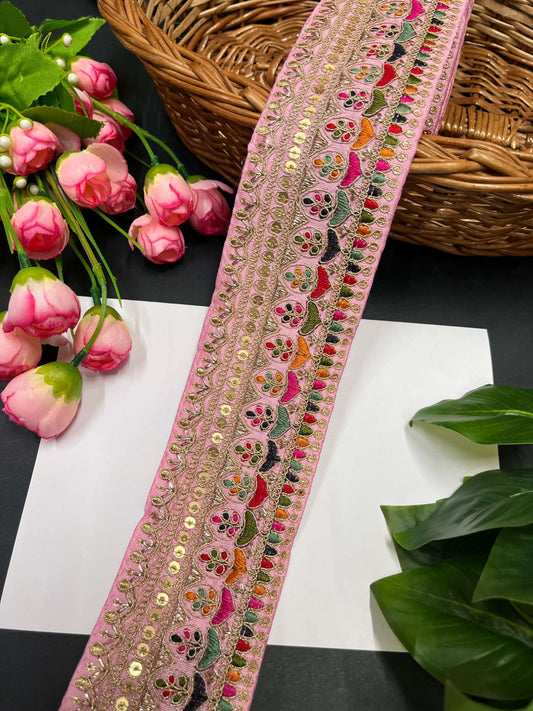 Exquisite Embroidered Lace Border – 9 Meters, 2.5-Inch Sabyasachi Inspired Designer Trim for Sarees & Lehengas | Baby Pink