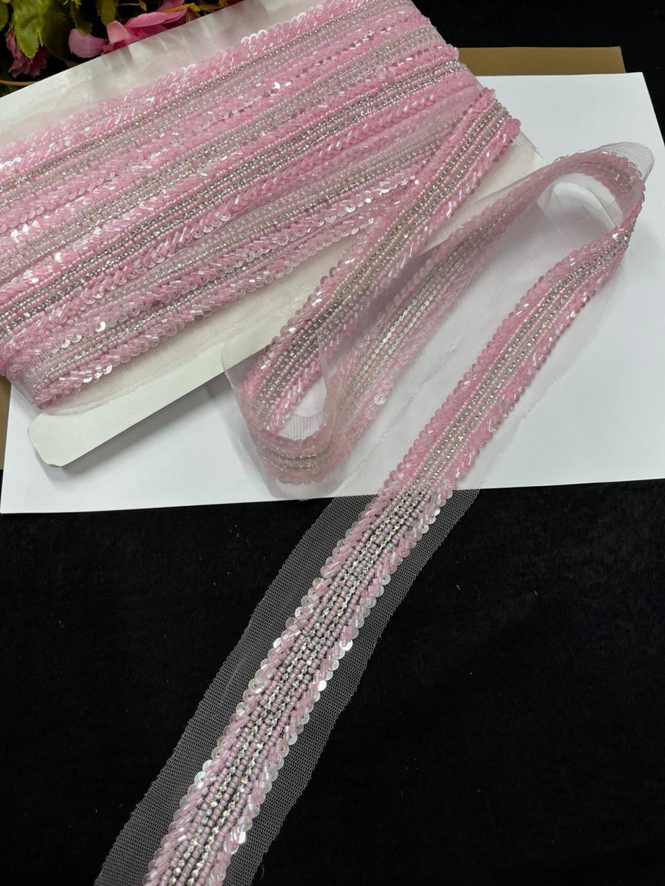 Handmade Sequins Diamond Lace on Net Fabric for Sarees, Kurtis & Dresses – Designer Embroidered Lace Border (1.5 Inch) | Baby Pink