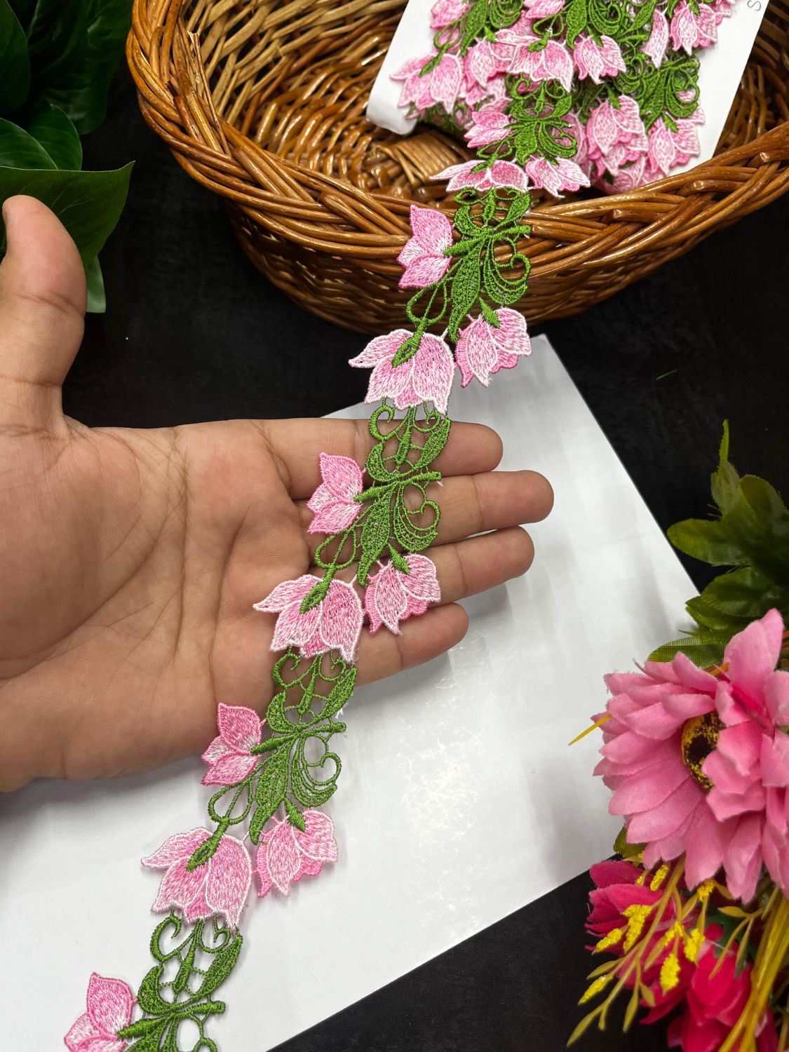 Imported Guipure Flower Lace Trim | Cutwork Western Designer Border for Sarees, Gowns & Ethnic Wear (9 Meter, 1.5 Inch Width) | Baby Pink