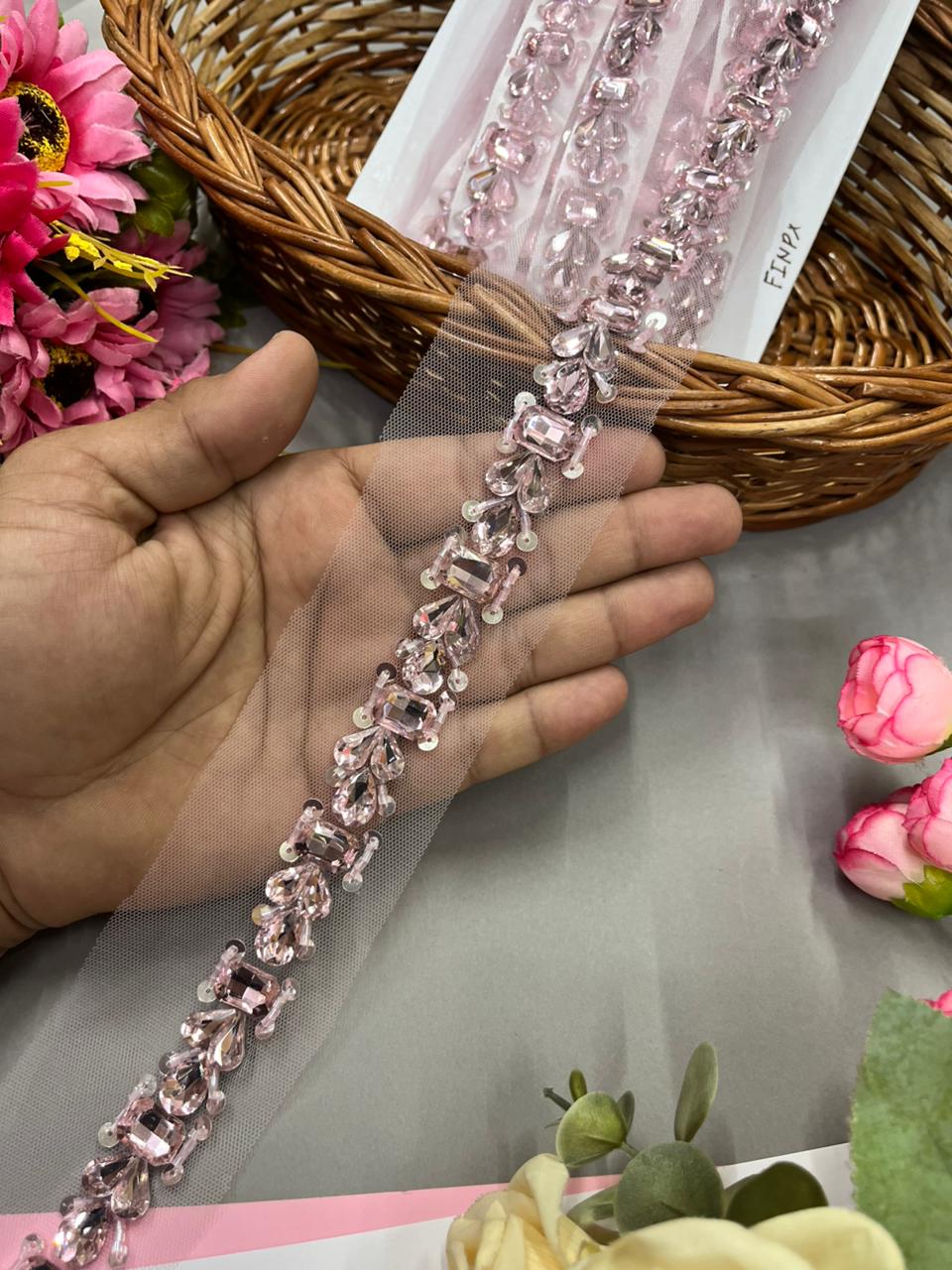 Handmade Crystal Lace – Premium 1 Inch Handcrafted Decorative Border for Sarees, Dresses & Ethnic Wear (9 Meter) | Baby Pink