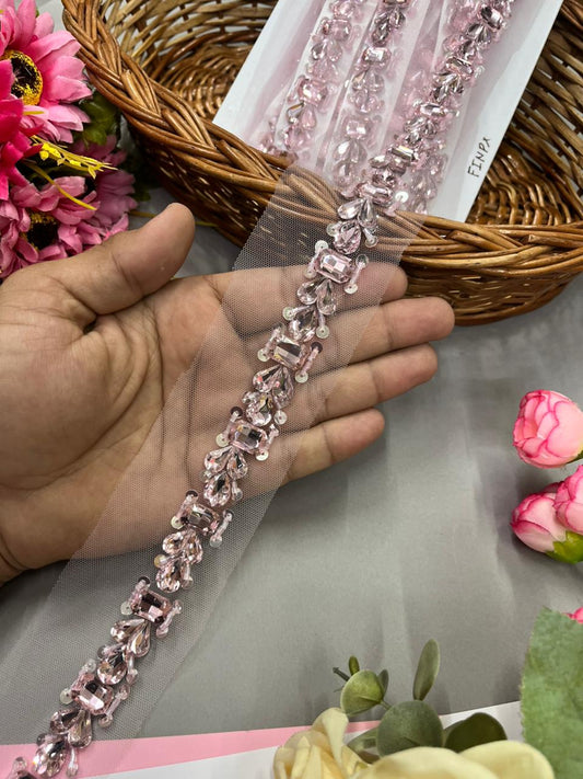 Handmade Crystal Lace – Premium 1 Inch Handcrafted Decorative Border for Sarees, Dresses & Ethnic Wear (9 Meter) | Baby Pink