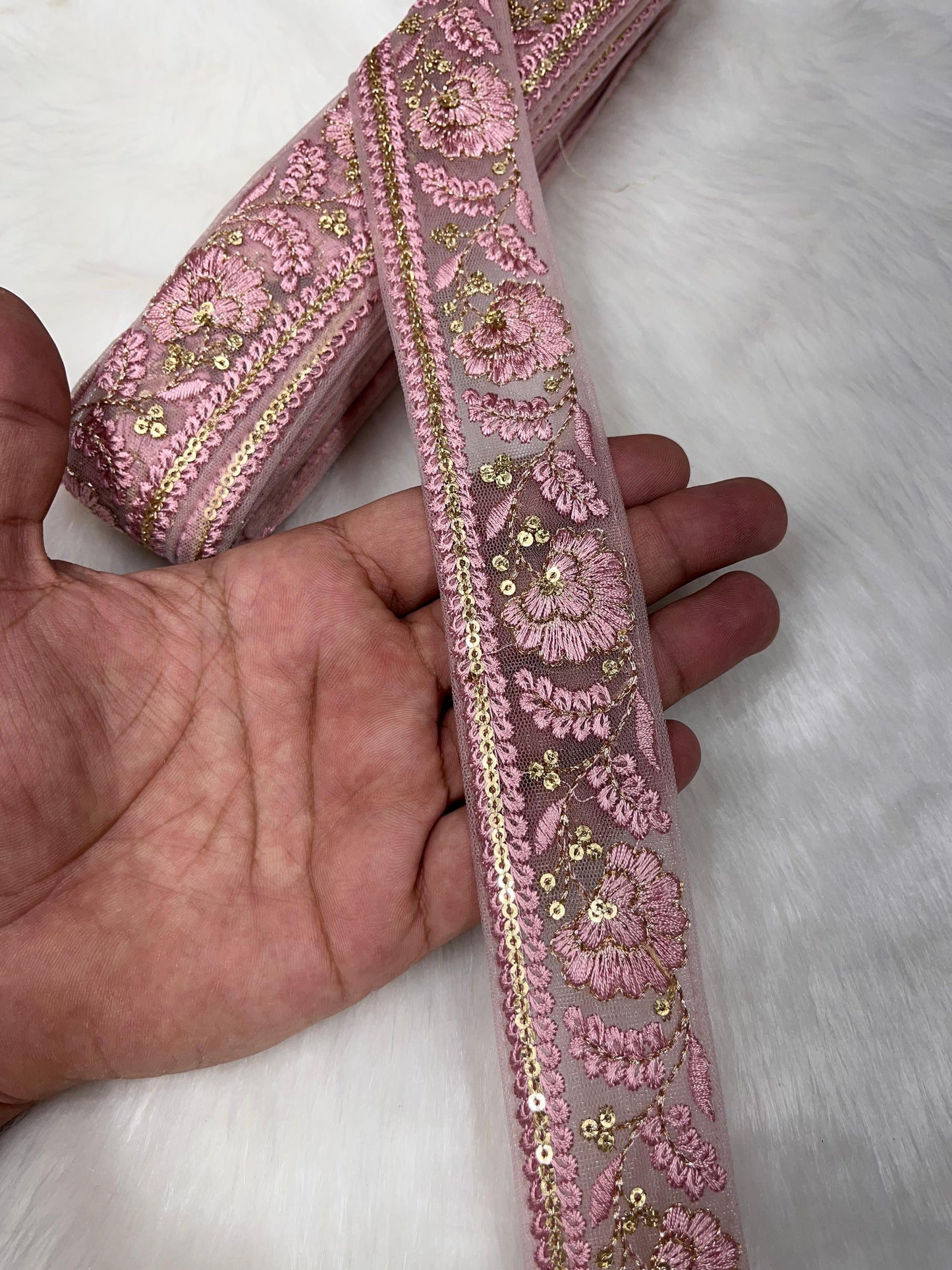 Elegant Saree Lace Border, Dupatta Edging Trim, 9 Meter Embroidered Decorative Fabric Ribbon | Baby Pink