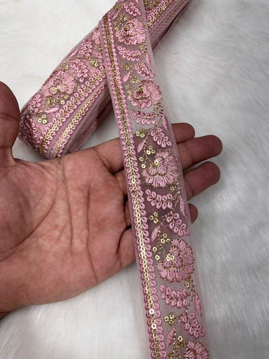 Elegant Saree Lace Border, Dupatta Edging Trim, 9 Meter Embroidered Decorative Fabric Ribbon | Baby Pink