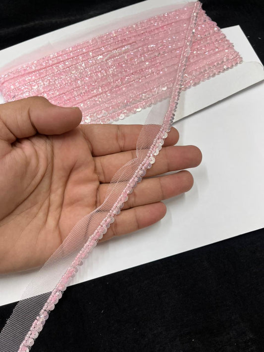 Handmade Sequins Lace Trim for Sarees, Blouses & Dresses – Narrow Handwork Embroidered Lace Border (1 cm) | Baby Pink