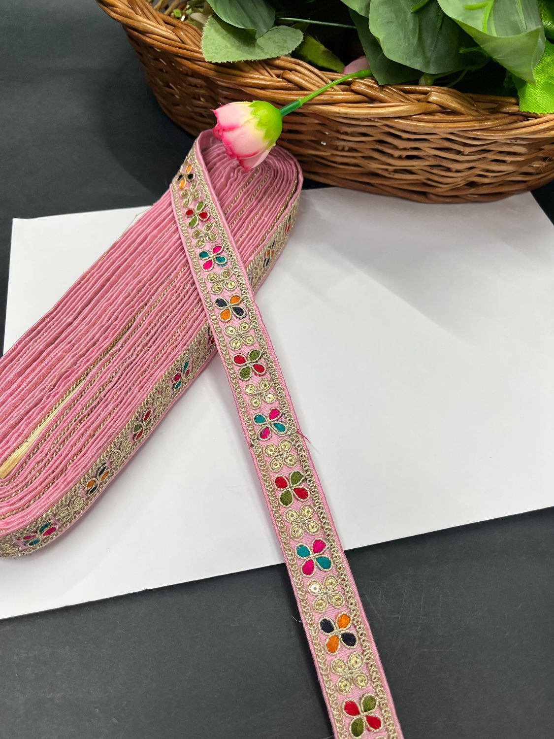 Multicoloured Embroidery Saree Lace Border for Garments & Boutique Wear – 9 Meter | Baby Pink