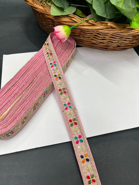 Multicoloured Embroidery Saree Lace Border for Garments & Boutique Wear – 9 Meter | Baby Pink