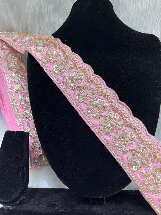 Designer Maggam Work Lace Border – 9 Meters, 2-Inch Width, Handcrafted Embroidery | Baby Pink