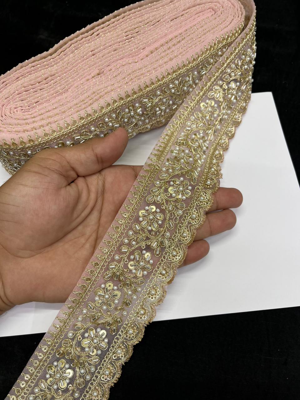 Rich Maggam Work Saree Border Lace for Blouses, Lehengas & Dresses – Designer Handcrafted Embroidered Lace (2.5 Inch) | Baby Pink