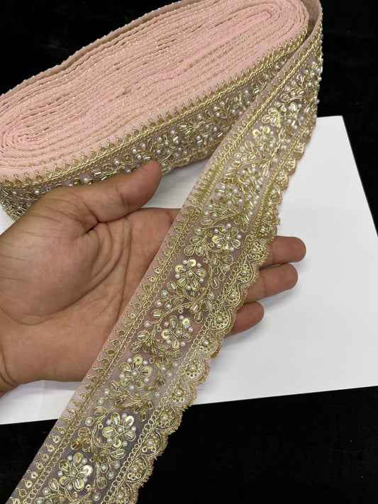 Rich Maggam Work Saree Border Lace for Blouses, Lehengas & Dresses – Designer Handcrafted Embroidered Lace (2.5 Inch) | Baby Pink