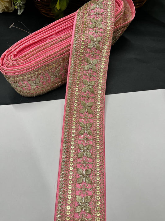 Zari Embroidered Saree Lace Border Trim for Dupatta & Dresses – Fancy Embellished Lace (9 Meter) | Baby Pink