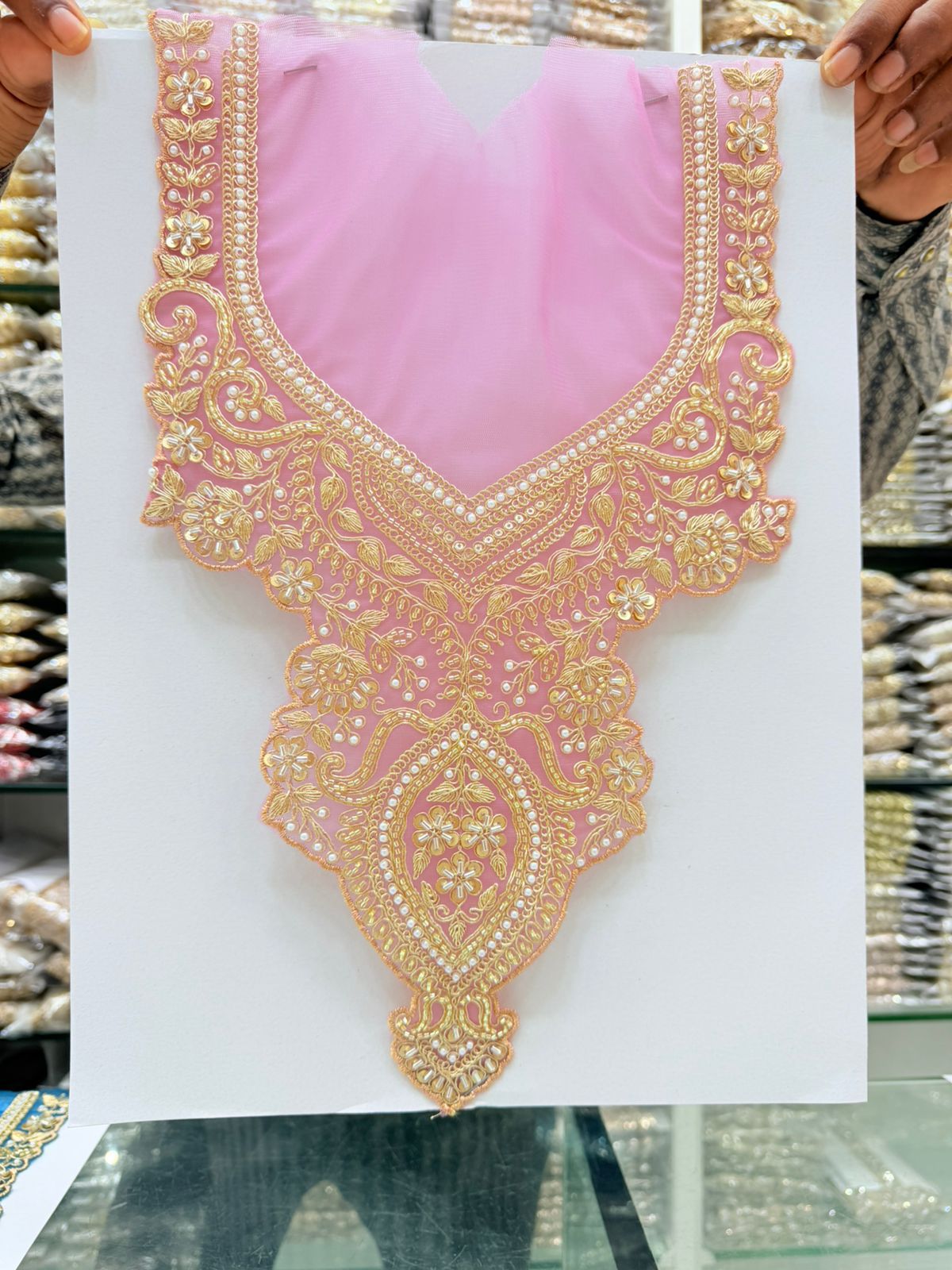 Beautiful Neck Patch for Dresses & Kurtis – Elegant Designer Embellished Neck Applique | Baby Pink