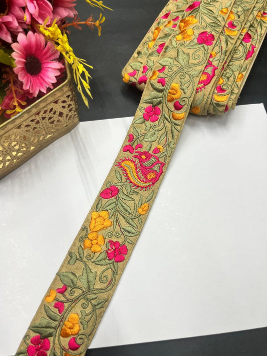 Thread Embroidered Colourful Parsi Lace & Borders – Decorative Lace for Sarees, Dupattas, and Dresses (9 mtr, 2 inch) | Beige Multi 6