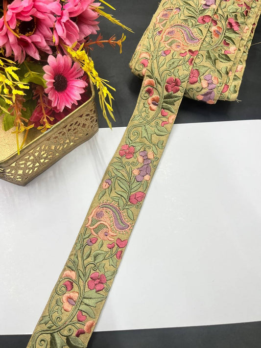 Thread Embroidered Colourful Parsi Lace & Borders – Decorative Lace for Sarees, Dupattas, and Dresses (9 mtr, 2 inch) | Beige Multi 8