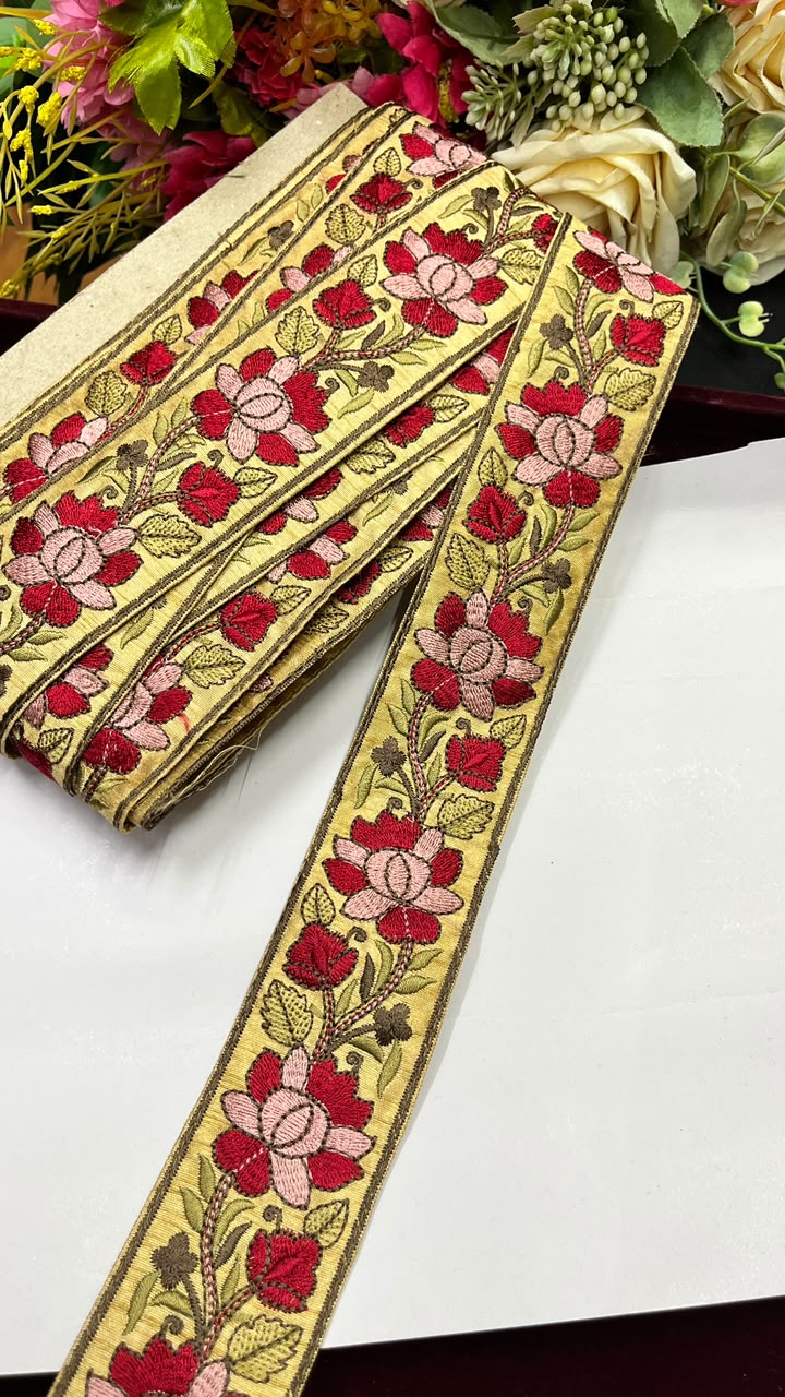 Exclusive Parsi Gara Work Lace for Sarees, Lehengas, Dupattas & Blouses – Designer Thread Embroidery Lace Border (2 Inch) | DC1071 | Beige