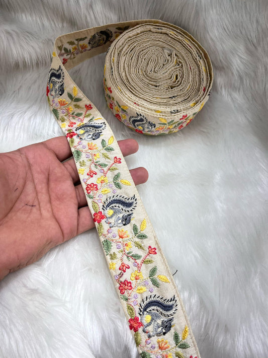 Squirrel Design Silk-Based Thread Embroidered Saree Laces Trim – 9 Meters, 1.75-Inch Decorative Border for Sarees & Dupattas | Beige