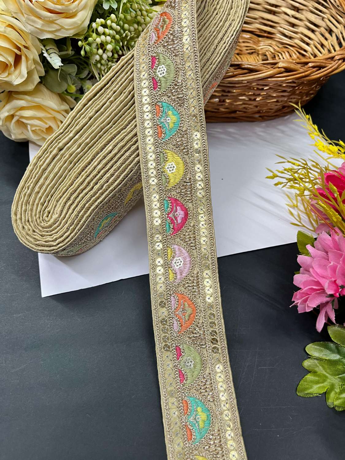 Sabyasachi Inspired Designer Saree Laces and Trims – Embroidered Border Lace (9 Meter Roll) | Beige