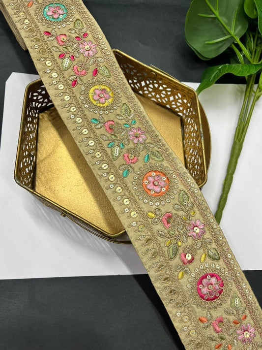 Beautiful Floral Multicoloured Sabyasachi Inspired Saree Lace – Designer Embroidered Border (9 Meter) | Beige