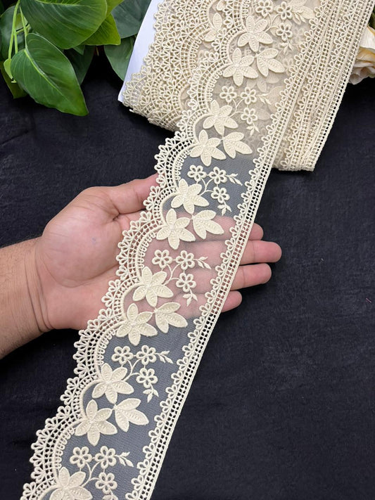 Imported Net Lace Trim for Sarees, Dresses & Kurtis – Designer Wide Net Lace Border (4 Inch) | Beige