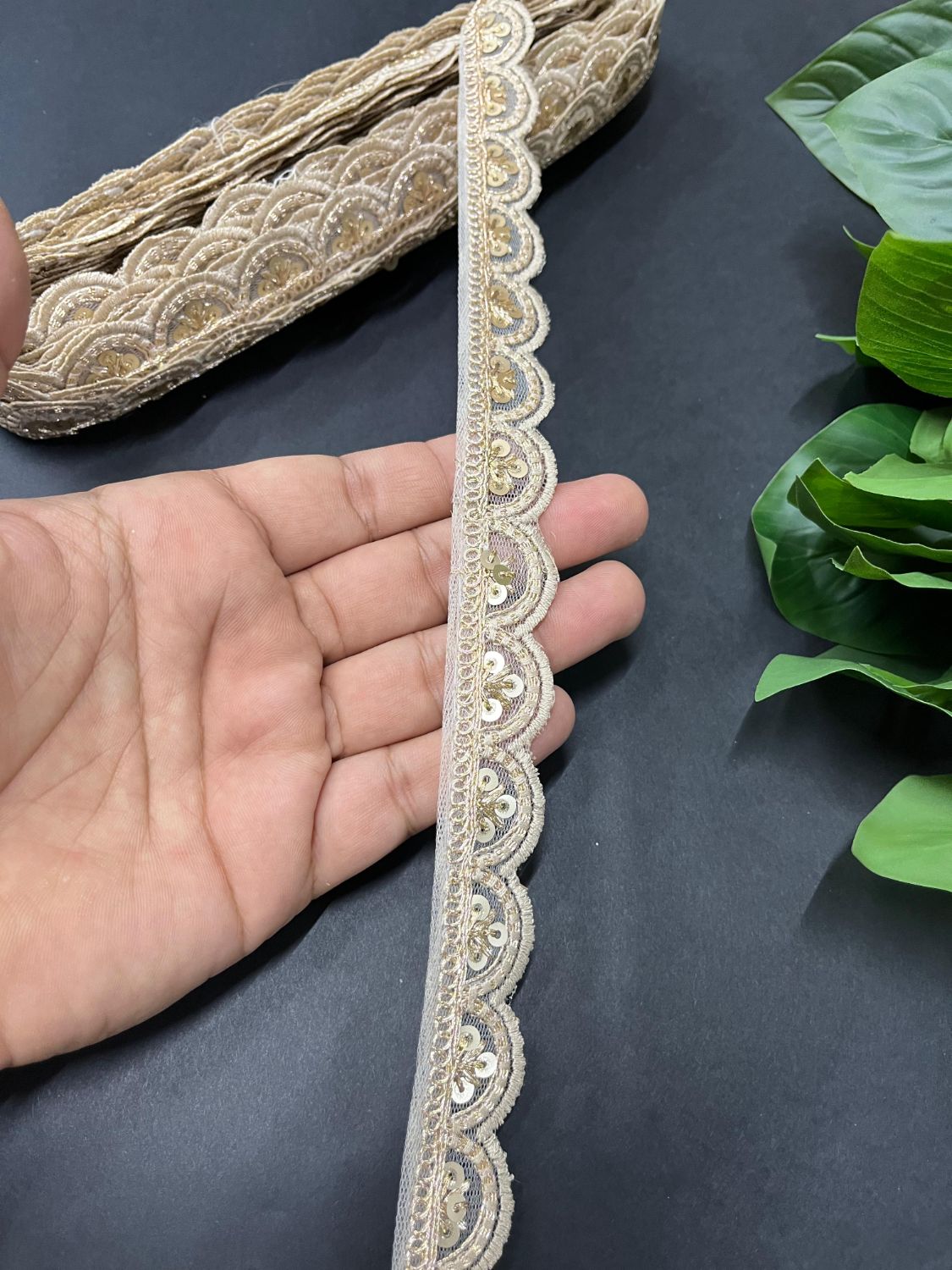 Gold Sequin Embroidered Lace on Net Fabric – Tone-to-Tone Design for Sarees, Dresses & Crafts – 9 Meter | Beige