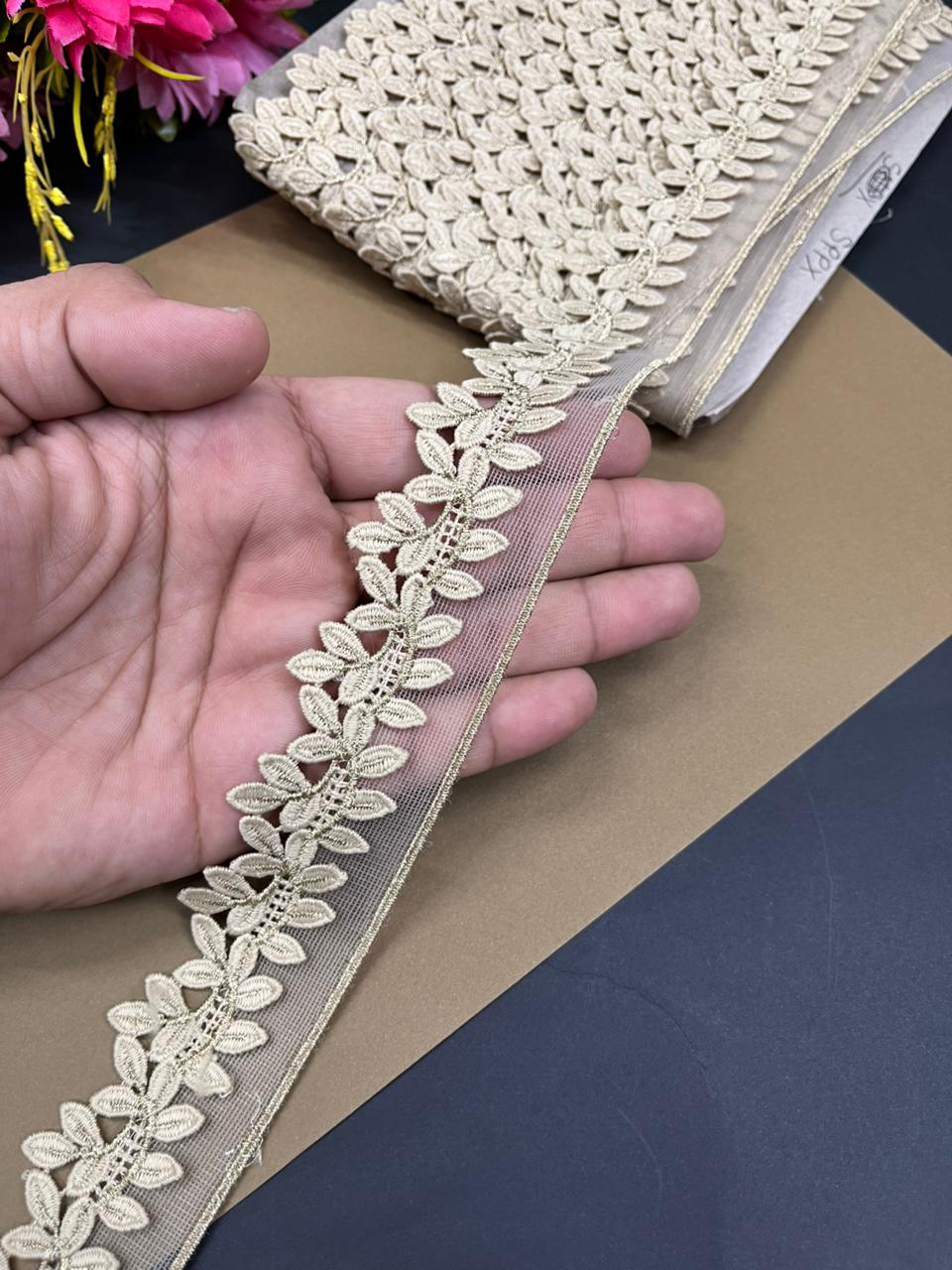 Imported Leaf Design Cotton Lace – Premium 1.5 Inch Decorative Border for Sarees, Dupattas, Suits & Dresses (9 Meter) | Beige