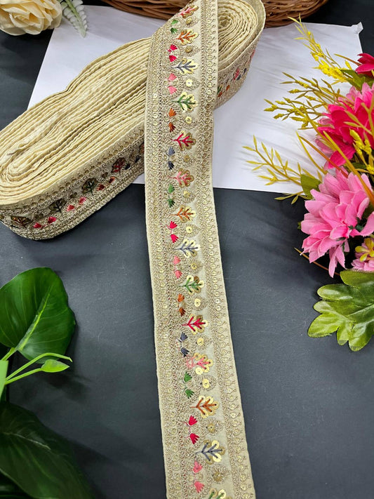 Sabyasachi Inspired Embroidered Saree Laces Border – Designer Lace Trim for Sarees, Lehengas & Dupattas (9 Meter) | Beige