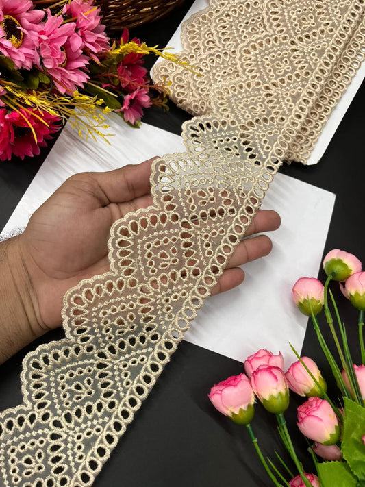 Cutwork Organza Imported Lace Trims – Premium Designer Border for Sarees, Lehengas & Dupattas (9 Meter, 3 Inch Width) | Beige
