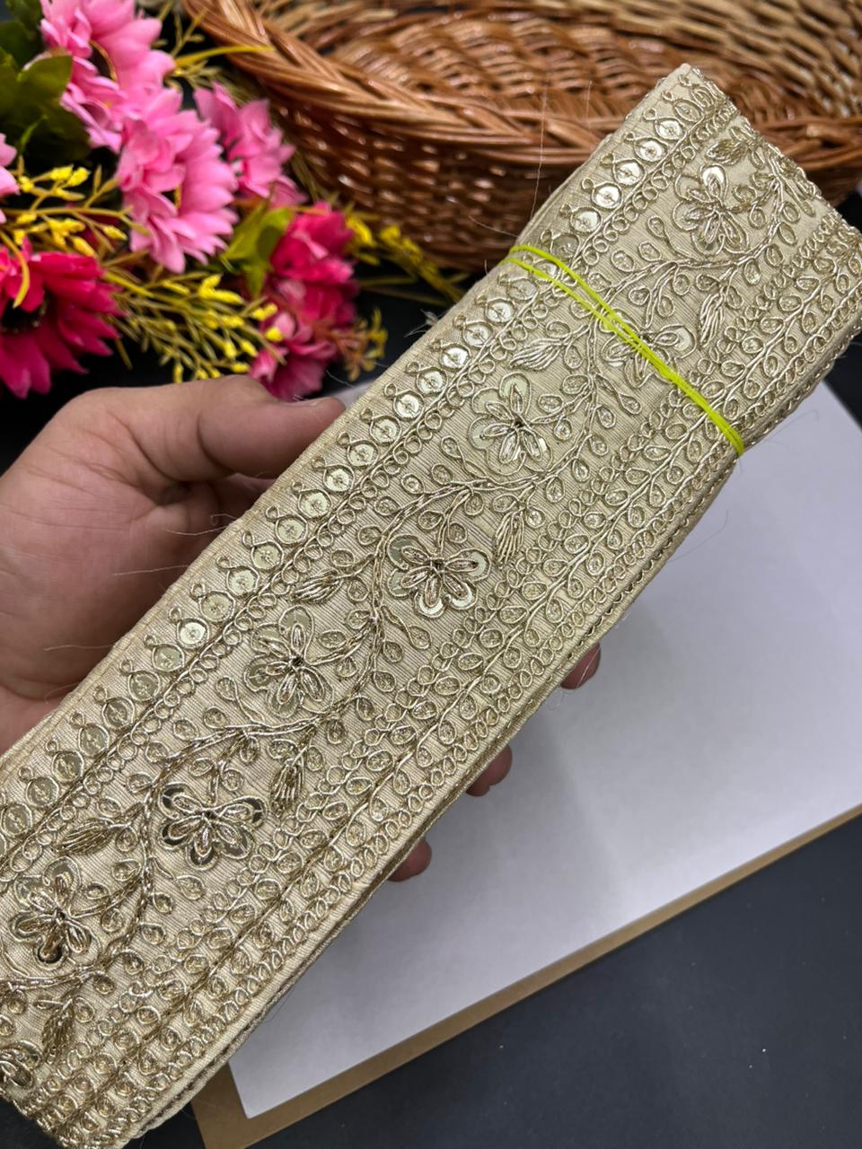 Embroidered Zari Lace Border for Saree, Lehenga & Craft Projects – Heavy 3 Inch Designer Embroidery Lace for Ethnic Wear (9 Meter) | Beige