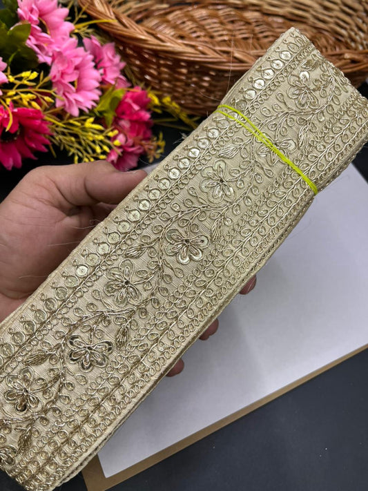 Embroidered Zari Lace Border for Saree, Lehenga & Craft Projects – Heavy 3 Inch Designer Embroidery Lace for Ethnic Wear (9 Meter) | Beige