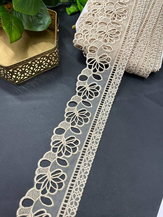 Royal Cutwork Organza Imported Lace Trim – Elegant Saree Laces & Dress Borders (9 Meter) | Beige