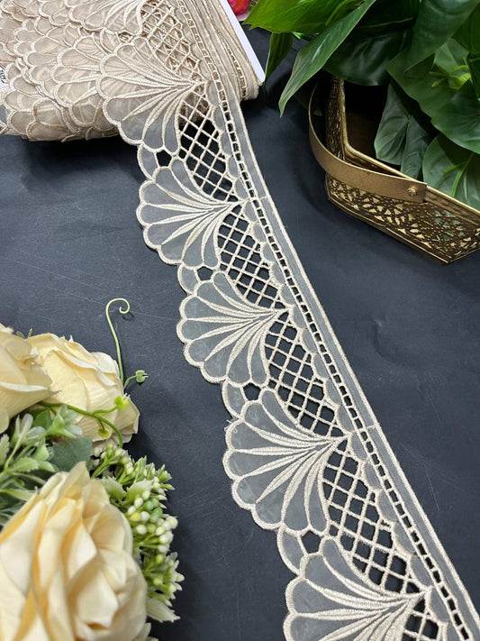 Royal Cutwork Organza Imported Lace & Trims – Designer Saree Laces for Fashion Projects (9 Meter) | Beige