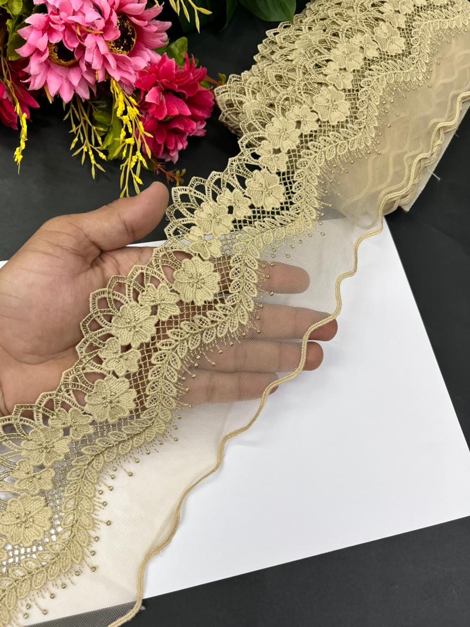 Imported Cutwork Style Lace & Trims – Premium 4.5 Inch Designer Border for Sarees, Dupattas, Gowns & Dresses (9 Meter) | Beige