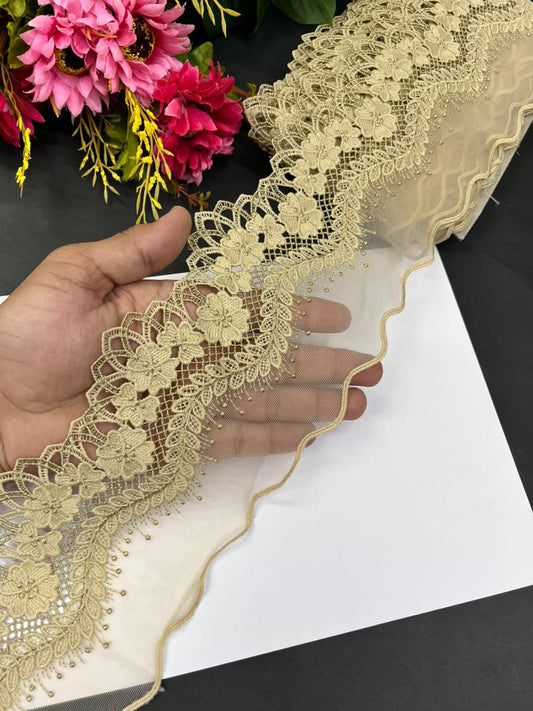 Imported Cutwork Style Lace & Trims – Premium 4.5 Inch Designer Border for Sarees, Dupattas, Gowns & Dresses (9 Meter) | Beige