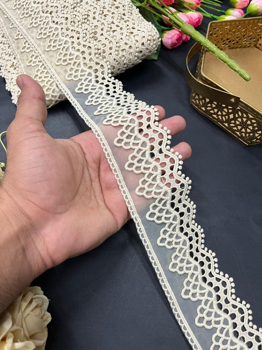 Cutwork Style Organza Imported Lace Trim – Designer Saree Laces & Dress Borders (9 Meter) | Beige