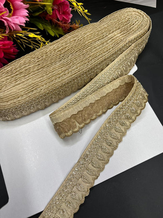 Embroidered Zari Lace Border for Saree, Lehenga & Craft Projects – Designer 1 Inch Embroidery Lace for Ethnic Wear (9 Meter) | Beige