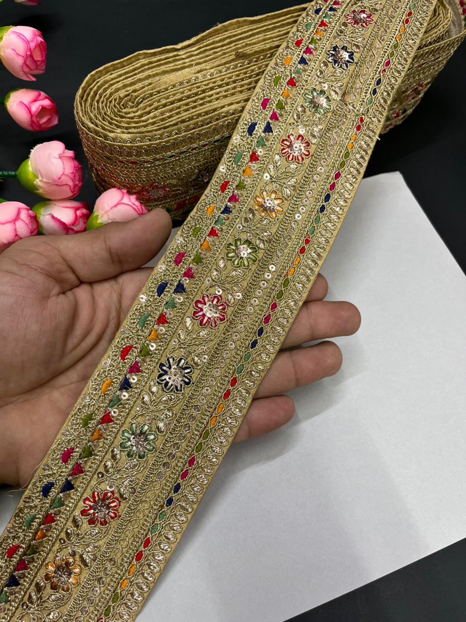 Classic Embroidered Sabyasachi Inspired Saree Lace Borders – Luxury Designer Embellished Lace for Sarees, Lehengas & Dupattas (9 Meter, 2.5 Inch Width) | Beige